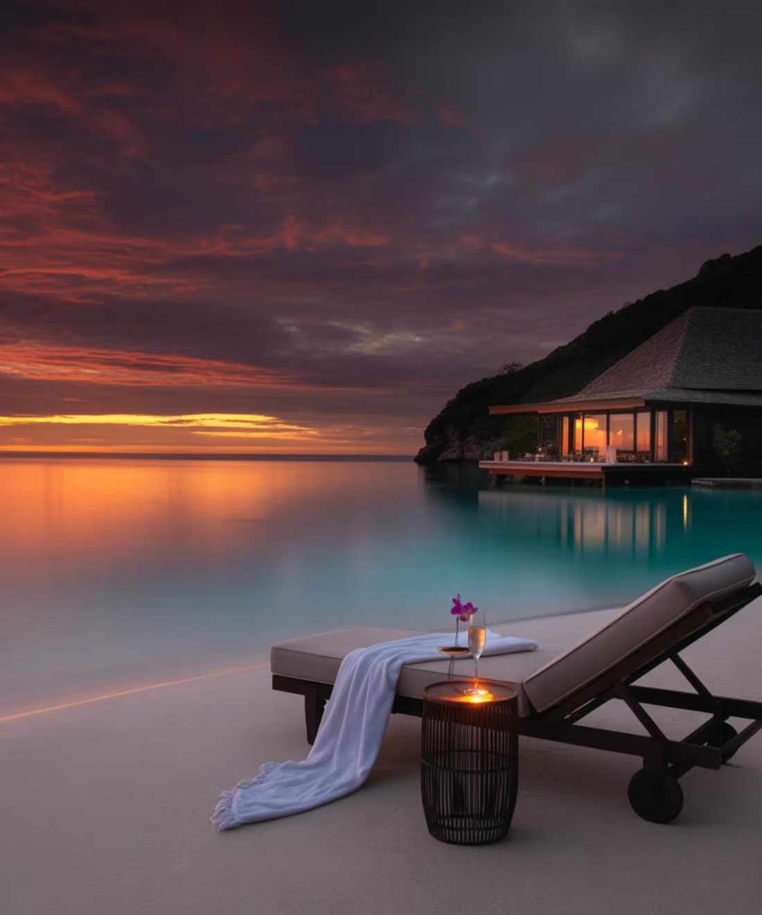 Sunset over a waterside resort