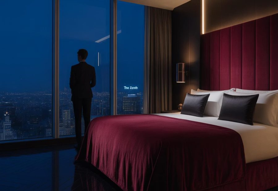 Hotel room with a city view at dusk